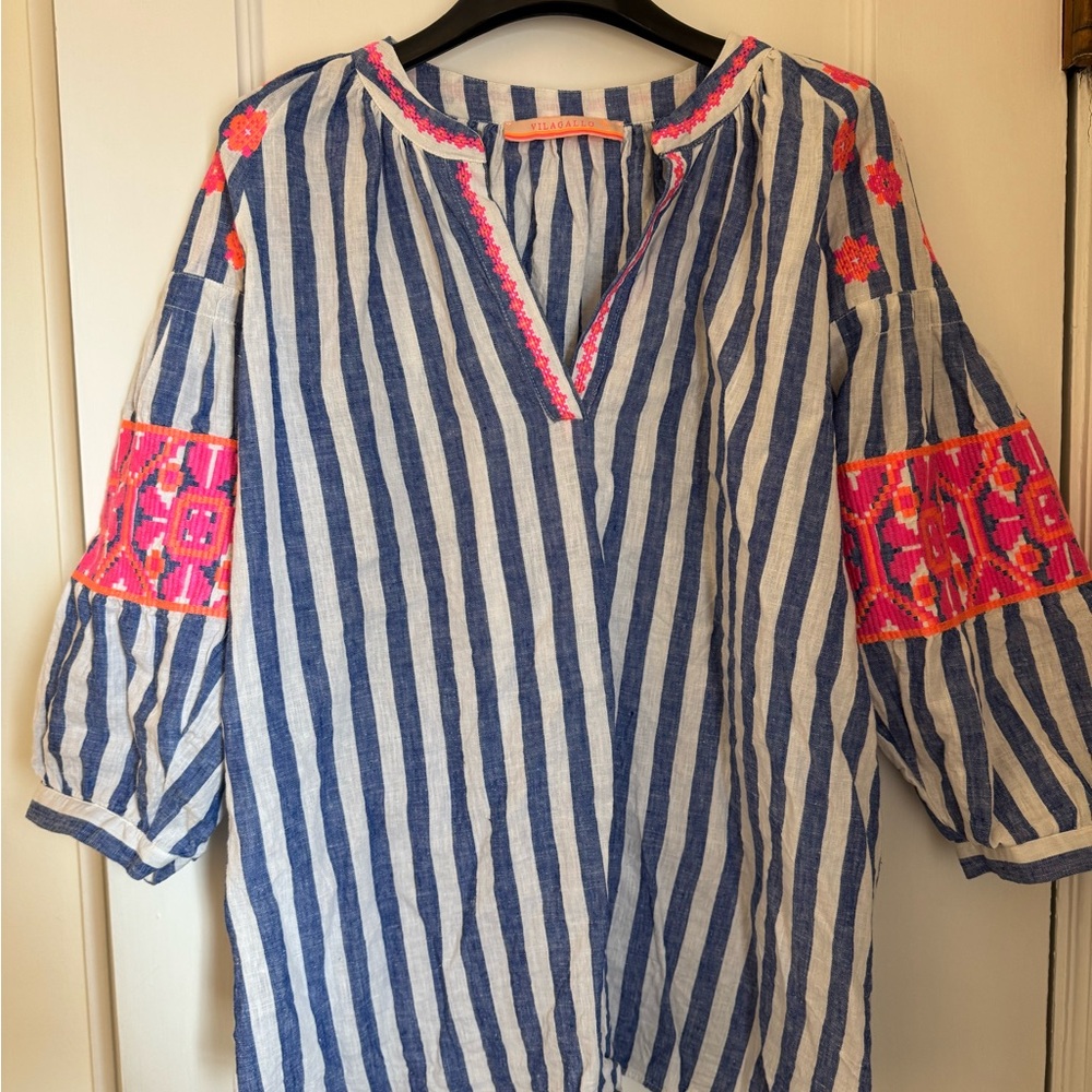 Vilagallo Blue and White Striped Top with Pink Trim